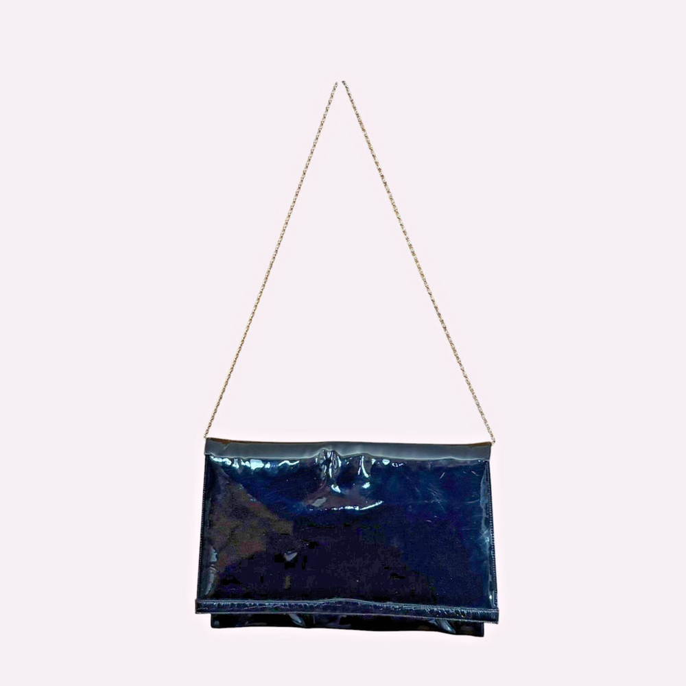 Black Patent Vinyl Envelope Clutch Gold Chain Vintage